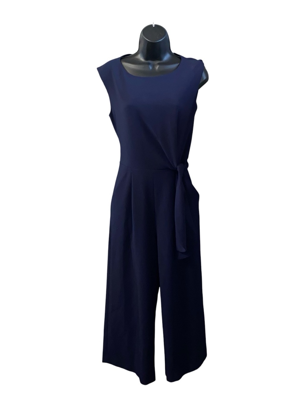 Tahari ASL Blue Tie Side Cropped Jumpsuit Wide Leg Sleeveeless Pockets Size 4